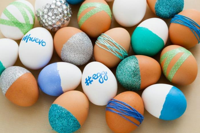 Pääsiäismunan värjäys sisustusideoita munat diy ideoita glitter väri lanka teippi