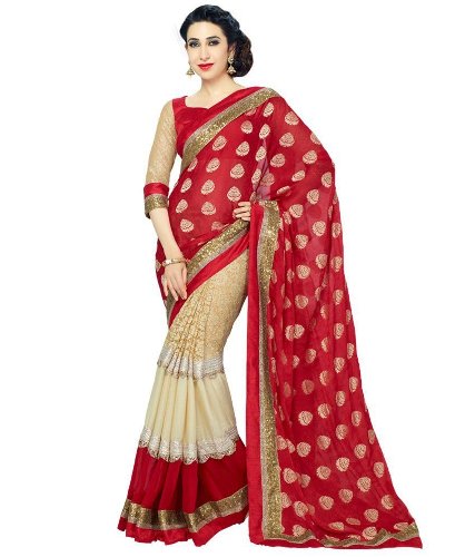 Party Wear Sarees-Rød Prikket Party Wear Saree