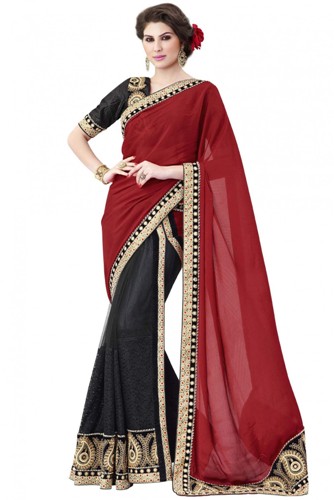 Party Wear Sarees-Heavy Red Chiffon Saree