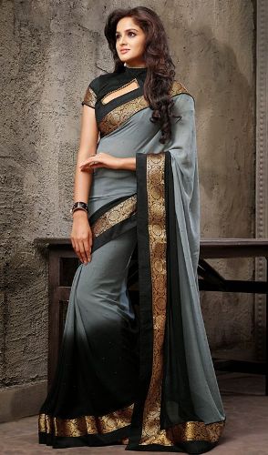 Party Wear Sarees-Sort Og Grå Designer Saree