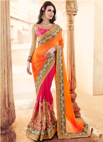 Party Wear Sarees-Deep Pink og Orange Designer Saree