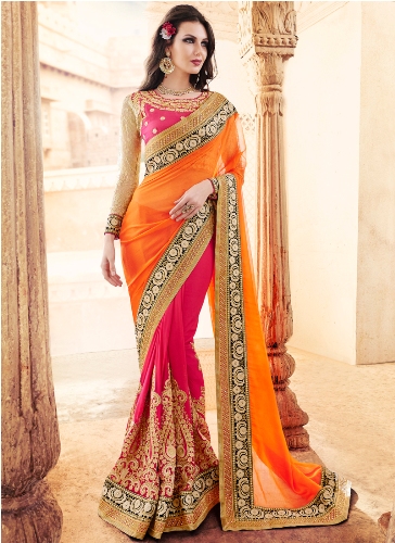 Party Wear Sarees-mély rózsaszín és narancssárga tervező Saree