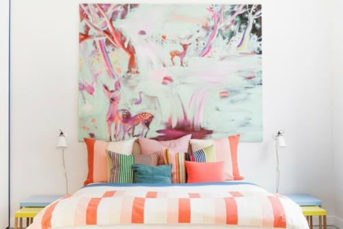 pastelliväriset sisustussuunnittelut kodikas vuode maalaus seinä makuuhuone