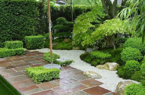 japanilainen puutarha jossa kivipäällyste valkoisia kiviä