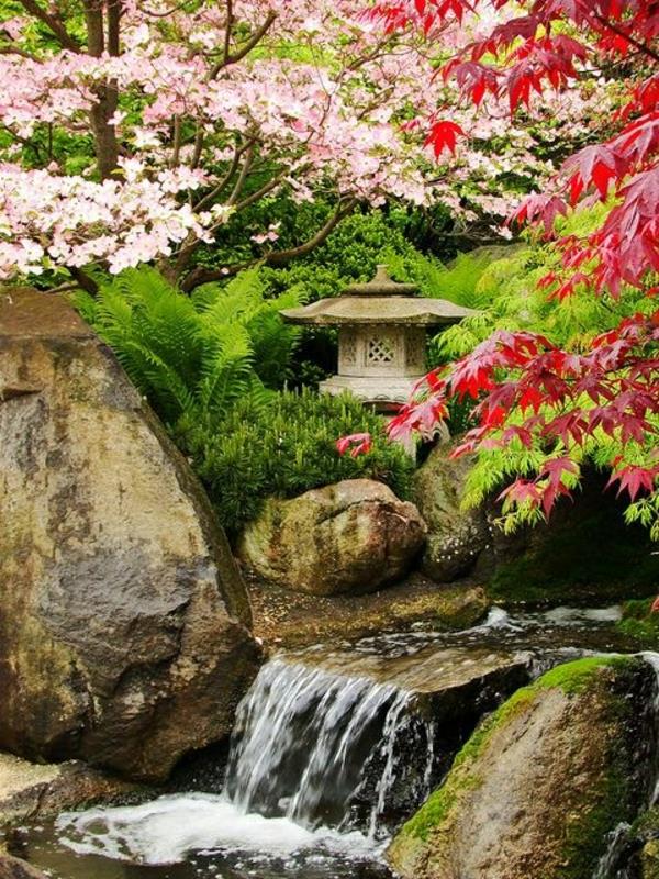 zen puutarha luoda värikkäitä kukkia vesiputous