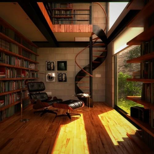 talon kirjaston täydellinen sisustus mahtavat portaat nahkainen kansituoli
