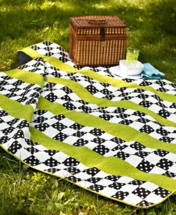 piknik -viltti tuore kuvio valkoinen musta vihreä raita