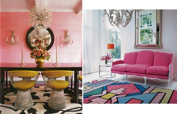 vaaleanpunainen sisustus ideoita tyylikäs aksentti matto sohva