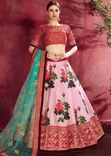 Blomstret lyserød Lehenga