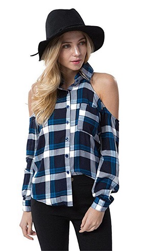 Off -shoulder collared plaid shirt - Kopi