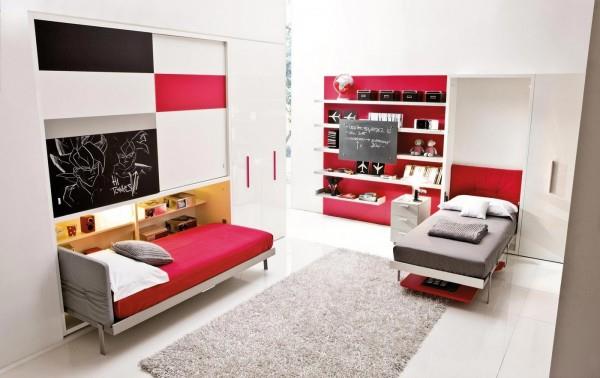 tilaa säästävät huonekalut lastenhuoneeseen sisäänrakennetut punaiset patjat