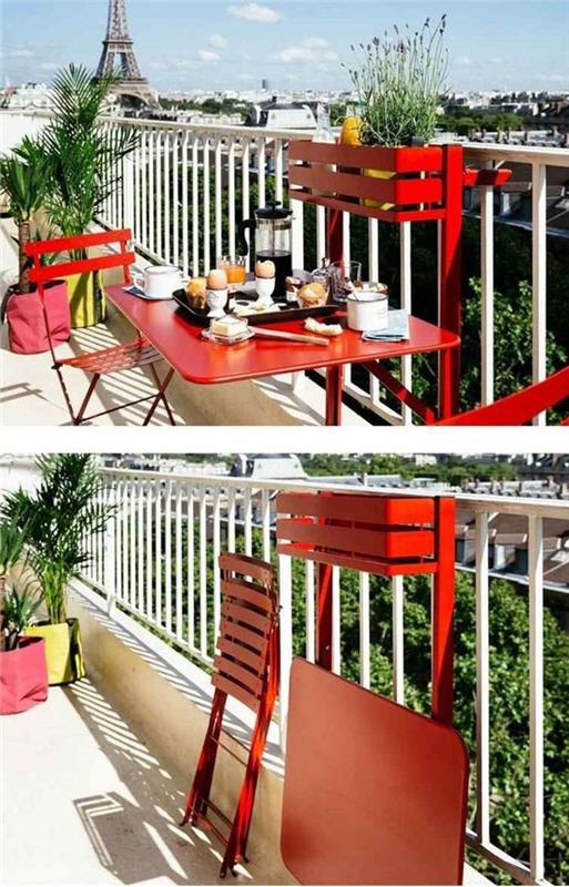 tilaa säästävät huonekalut pieni parveke suunnittelu koko parveke kokoontaitettavat tuolit punainen