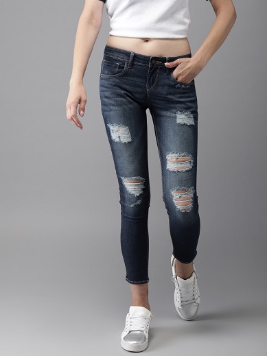 Blå ankel-længde distressed denim