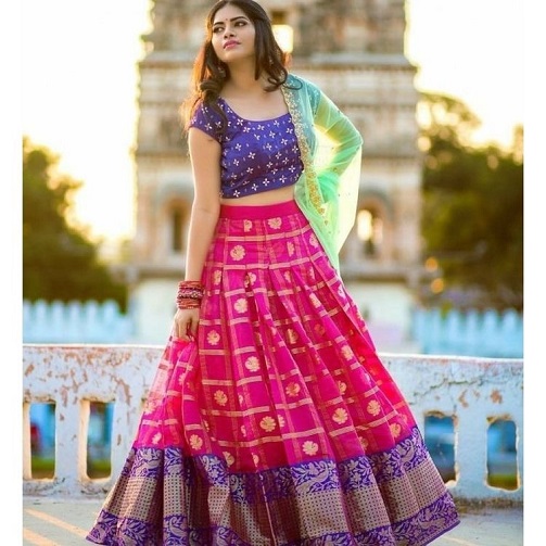 Trykt silke Lehenga