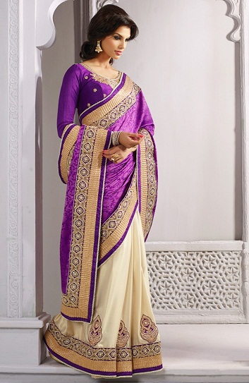 The Cream And Purple Designer Saree