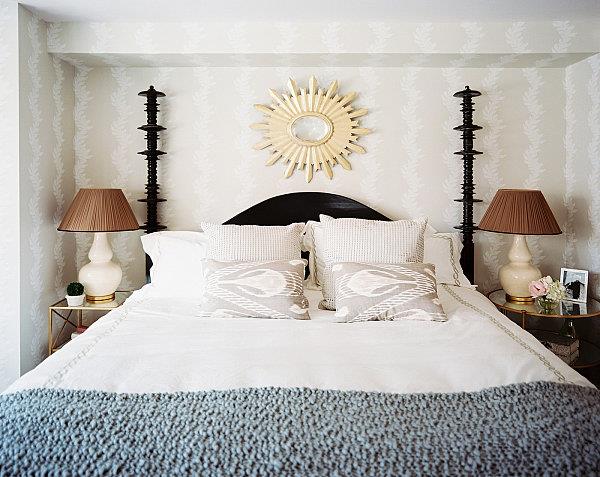 hienostunut sisustus tyylikkäisiin makuuhuoneisiin, joissa on auringon koristeita