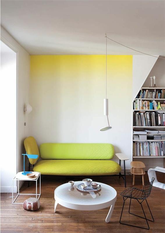 sisustusideoita olohuoneen huonekalut seinän väri keltainen ombre -vaikutus