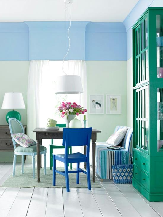 sisustus väreillä sininen vihreä kaapin seinämaali pastelli