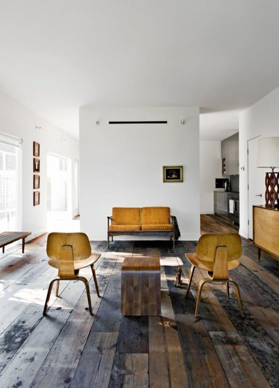 sisustus olohuone minimalistinen luonnollinen ilme puulattia, jossa puukalusteet vintage