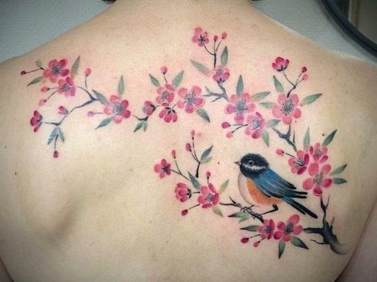 takaisin kirsikankukka tatuointi linnun kanssa