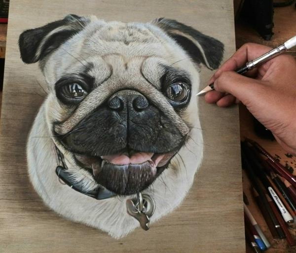 realistinen mopsi piirustukset puinen koira
