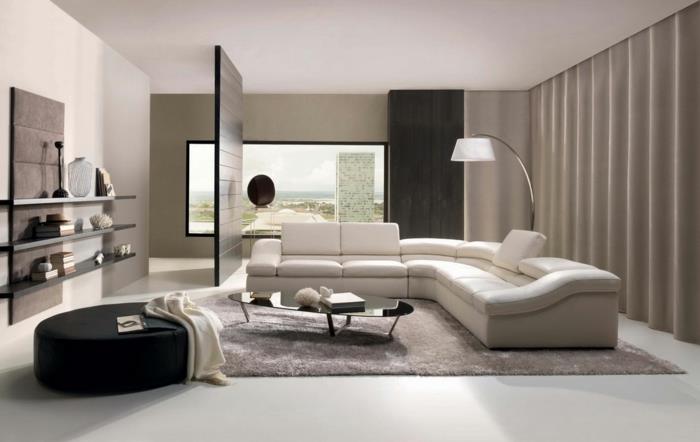 alennettu elävä minimalistinen sisustus huoneen jakaja puu sohva valkoinen lattiavalaisin pyöreä ottomaanien nahka musta