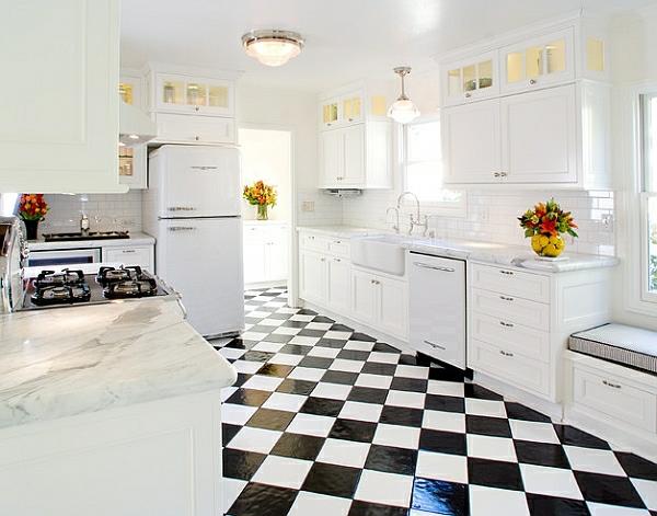 retro keittiön lattialaatat matto musta valkoinen
