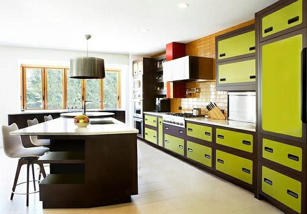 retro keittiö keltainen vihreä kaapit keittiö saari