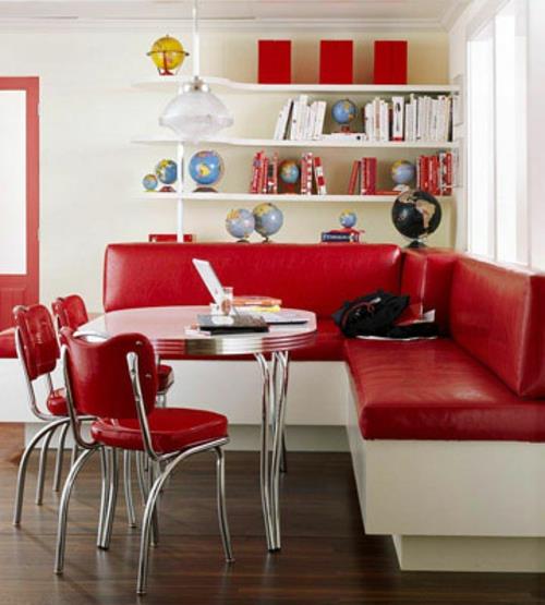 retro keittiö punainen kirkkaat huonekalut ruokailukalusteet kulmasohva