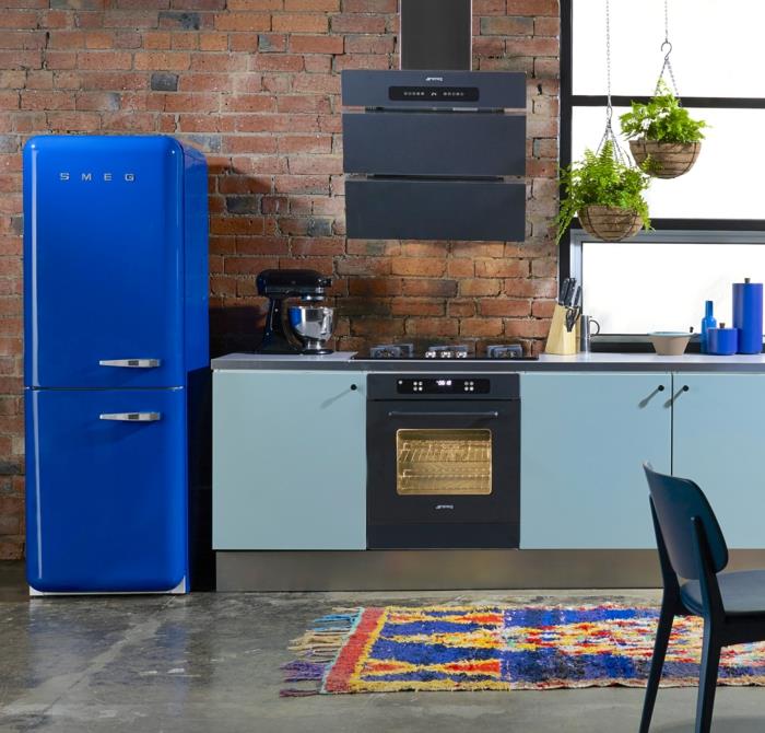 retro jääkaappi sininen värillinen matto kauniit keittiökaapit roikkuu kasveja