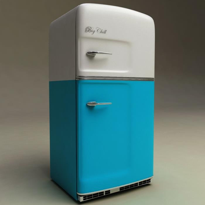 retro jääkaappi merkki iso chill sininen valkoinen vintage
