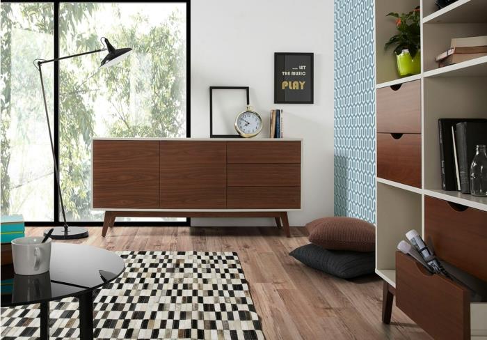 retro huonekalut 50 -luvun tyyli olohuone pukeutuja lattiavalaisin hyllyt matto parketti