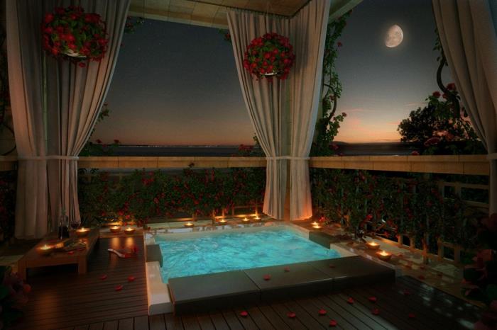 romanttinen olo sisustaa kylpyhuone kylpyamme terälehdet kynttilät