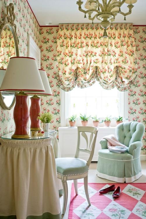 romanttinen makuuhuone suunnittelee pastellivärejä pöytävalaisimet puu tuoli