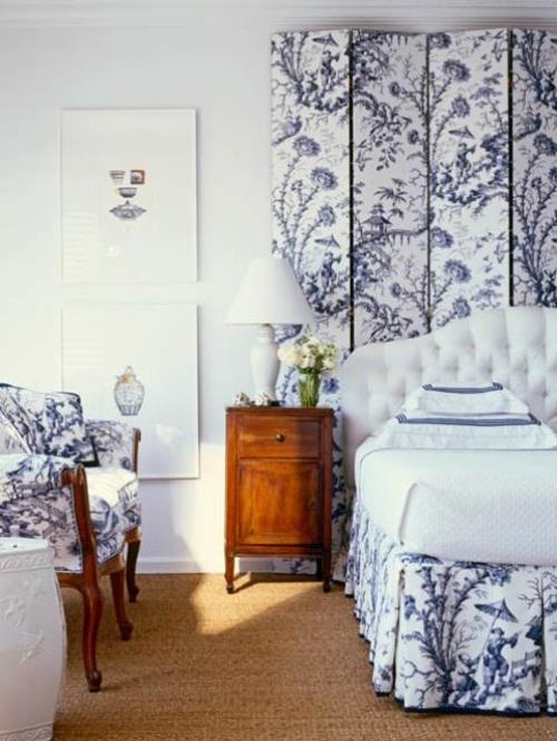 romanttinen makuuhuoneen malleja valkoinen sininen kukkakuvioinen yöpöytä