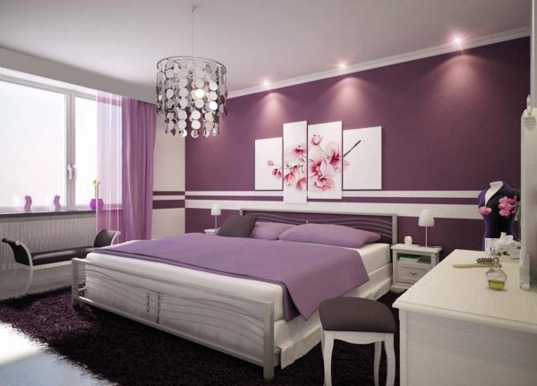 romanttinen makuuhuone tyylikäs muotoilu violetissa magnoliassa