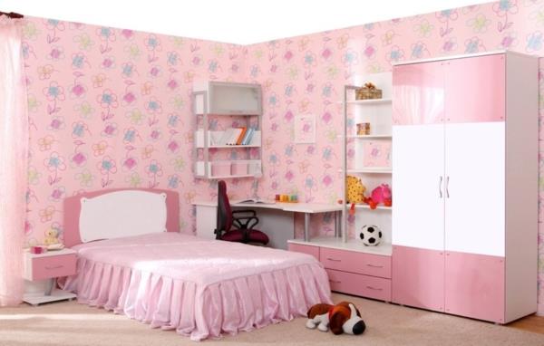 vaaleanpunainen makuuhuone kiiltävät vaatekaapit valkoinen