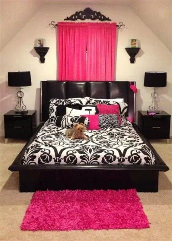 vaaleanpunainen makuuhuone musta valkoinen
