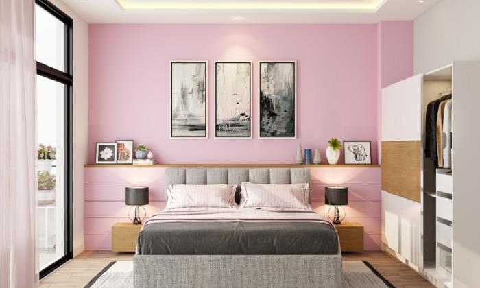 vaaleanpunaisen sävyinen makuuhuone