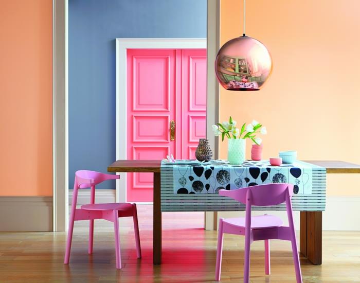 vaaleanpunaiset sävyt seinäväri ruokasalin tuolit