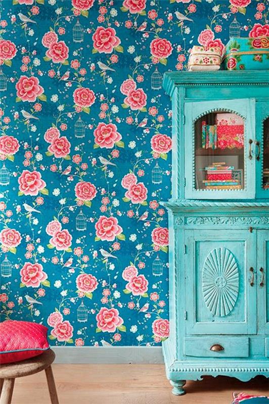 ruusu tapetti seinä suunnitteluideoita vintage huonekalut