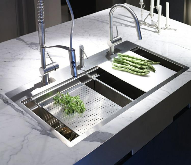 ruostumaton teräs keittiöhana moderni keittiöhana kaksinkertainen pesuallas keittiösaari työtaso marmori