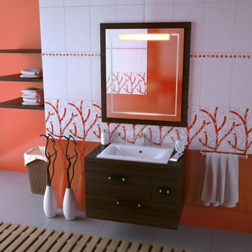 punainen kylpyhuone laatta seinän suunnittelu puu peili runko pesuallas