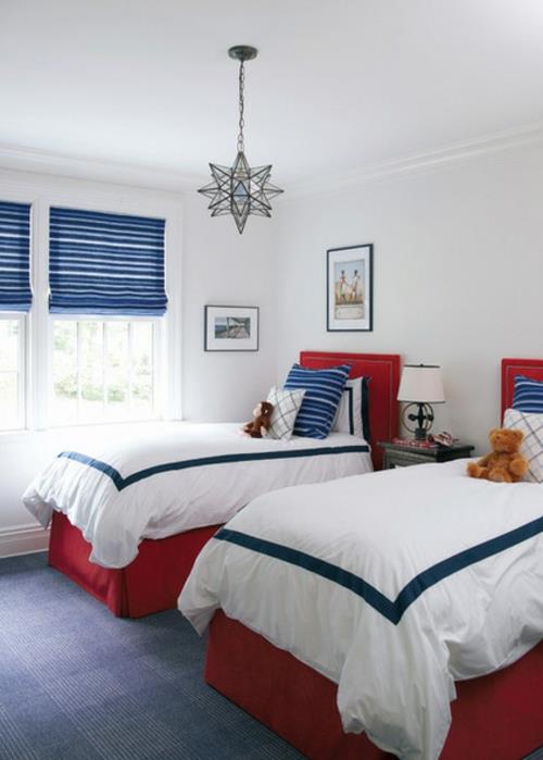 Sisustussuunnitelmat punaisessa, valkoisessa ja sinisessä makuuhuoneen yhden hengen vuoteessa mielenkiintoisia