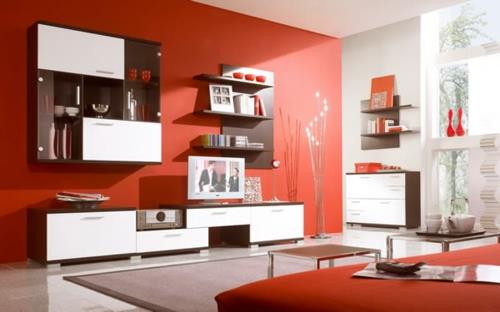 punainen muotoilu seinä olohuone hyllyt laatikot moderni kaupunki