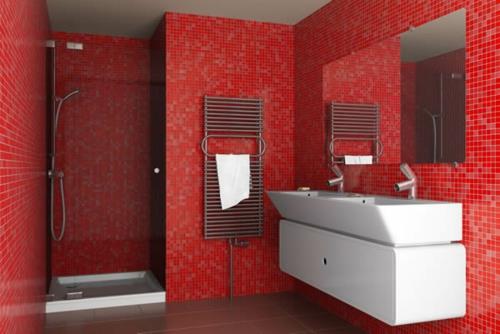 punainen mosaiikki seinälaatat valkoinen pesuallas suihku