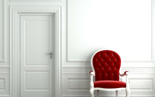 punainen nojatuoli tyylikäs valkoinen sisustus sisustukseen