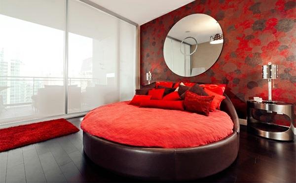 punainen pehmeä vuodevaatteet seinän suunnittelu väri pyöreä peili