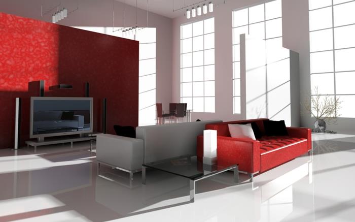 punaiset sohvat olohuone punainen aksentti seinä lasi sohvapöytä