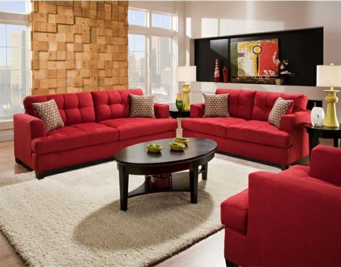punaiset sohvat olohuone kaunis aksentti seinä soikea sohvapöytä